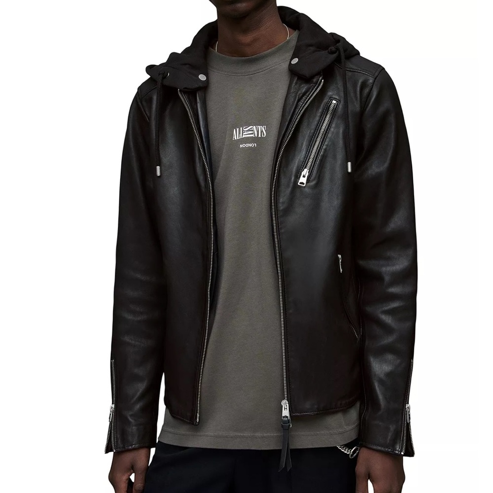 All Saints Men’s Black Leather Jacket | L | Harwood Removable Hood